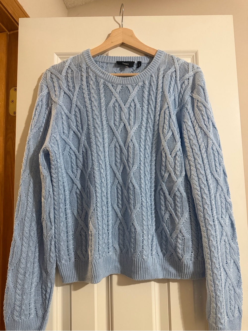 Theory Pale Blue Cable-Knit Crewneck Sweater